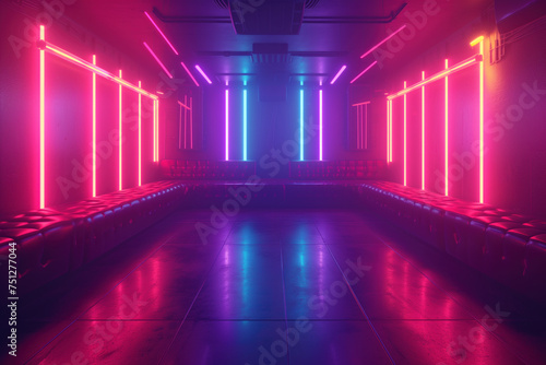 Empty Nightclub Interior with Vibrant Neon Lighting and Modern Design.