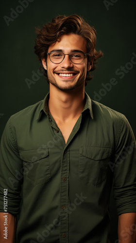 Photo of a young attractive smiling man in glasses and green t-shirt. Dark background. Photo for banner, commercial