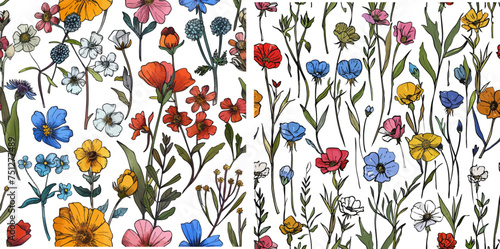 Vector seamless pattern with hand drawing wild flowers