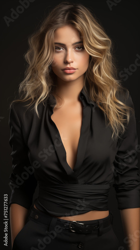 Vertical Photo of a blond businesswoman in a black suit, standing and looking at the camera