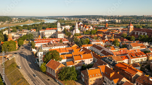 Aerial photo from drone to Kaunas old town and city center. Kaunas, Lithuania (Series)