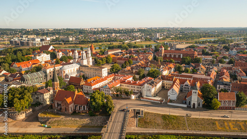 Aerial photo from drone to Kaunas old town and city center. Kaunas, Lithuania (Series)