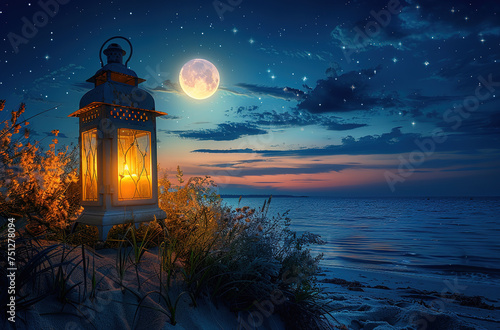 Beautiful starry night background with shinny lanterns. Golden lantern with stars background