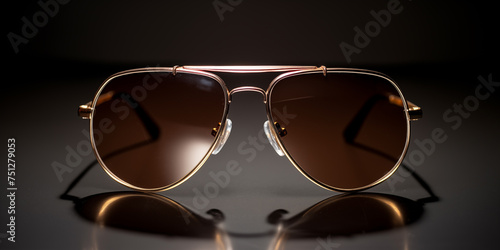 Stylish brown sunglasses isolated on black. Fashion accessory, optic sunglasses on a black background