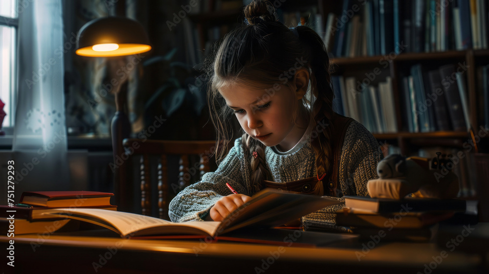 child reading a book at the desk child reading a book at the desk