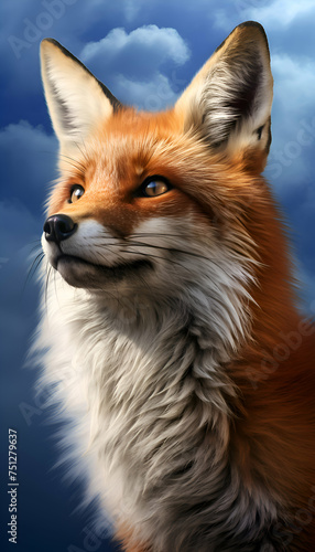 Red fox in front of a blue sky with clouds - 3D render