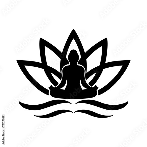 Buddha illustrated with the lotus background, flat black silhouette icon