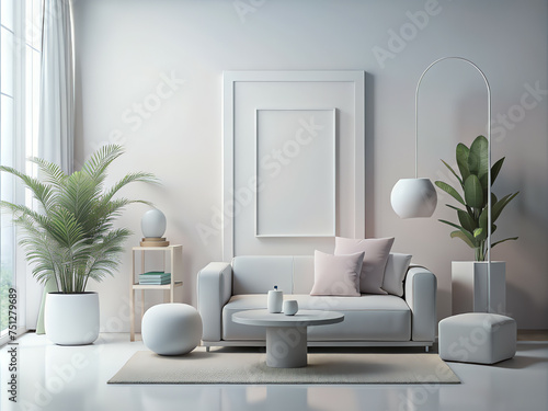 Living room wall poster mockup. Interior mockup with house background. Modern interior design. 3D Render