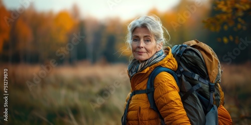 An older woman trekking with a backpack, very charming and elegant. Generative Ai