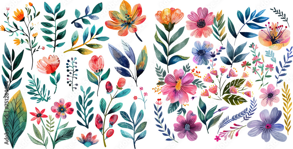 Vector floral set. Colorful floral collection with leaves and flowers
