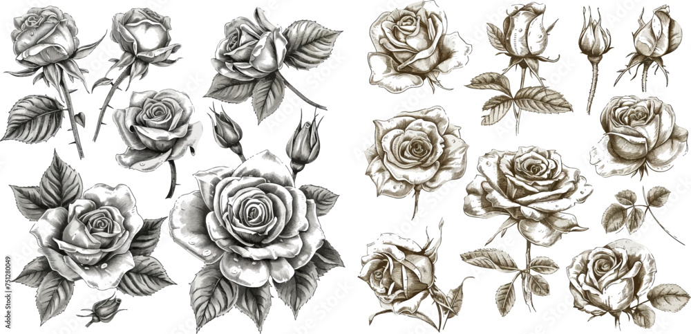 Flower set: highly detailed hand drawn roses Flower set: highly detailed hand drawn roses