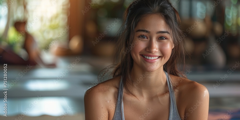 Thai young woman trainer grinning in a yoga studio. Generative Ai