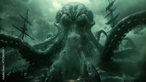 Kraken, a large octopus monster in ocean destroys ships. Fabulous sea monster from legends photo