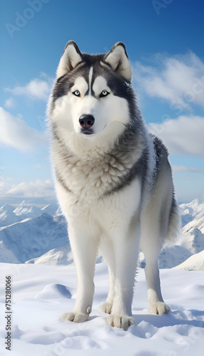 Siberian Husky dog on the background of snowy mountains.