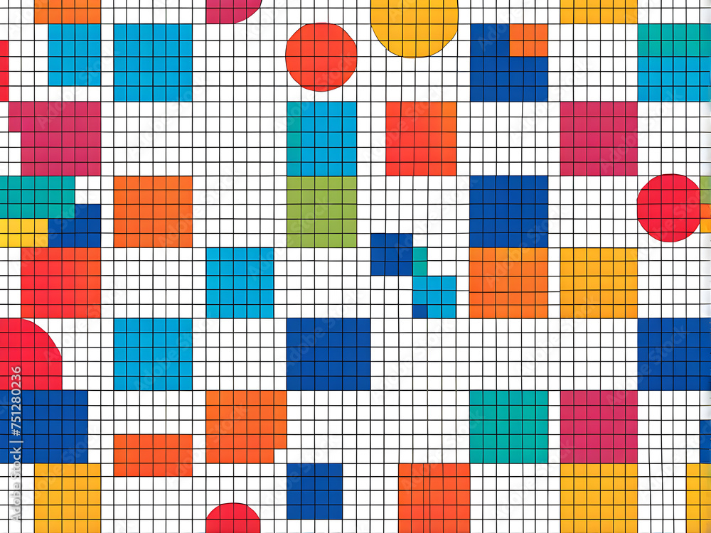 minimalist-composition-bright-colored-shapes-arranged-on-a-graph-paper-grid-style-tiled-background