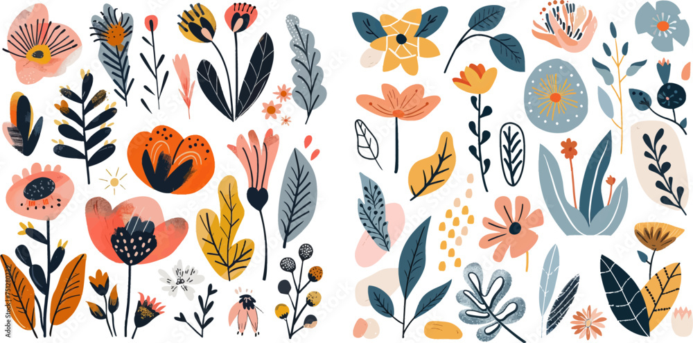 Set of vector floral obgects in modern abstract style