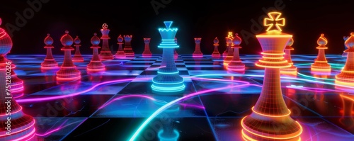 Virtual chess battle neon versus shadow on a digital grid