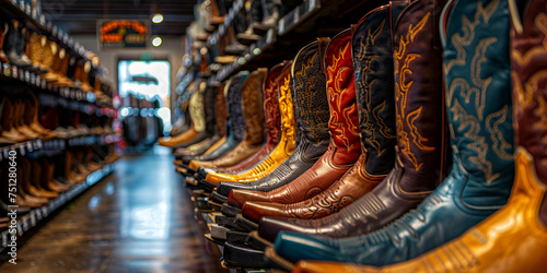 Handcrafted cowboy boots on shelf.