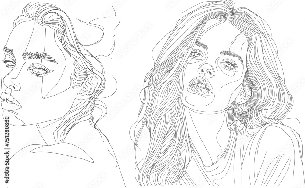 One line portrait of a model girl or young woman One line portrait of a model girl or young woman