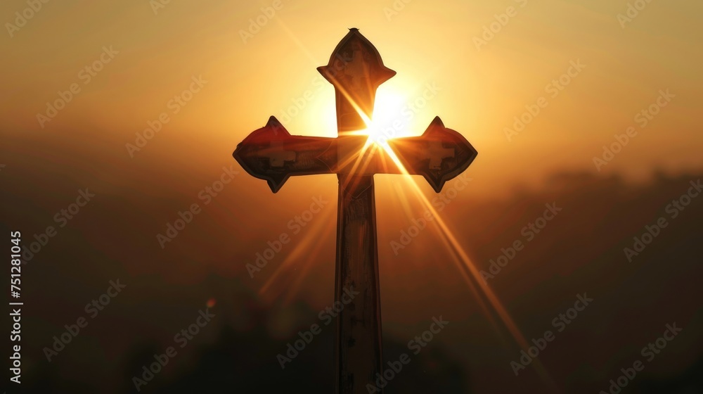 A Templar knights cross reflecting the first light of dawn a new day for Christian warriors - obrazy, fototapety, plakaty 