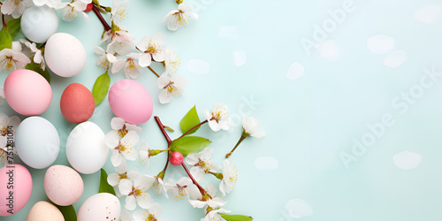 Easter concept white background with room for text Beautiful pastel pink blossoms and eggs with white background.AI Generative