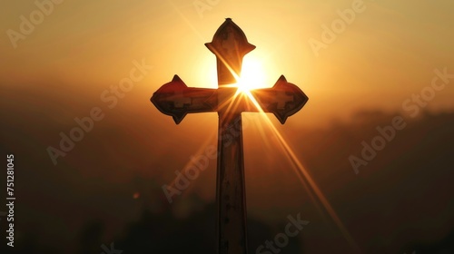 A Templar knights cross reflecting the first light of dawn a new day for Christian warriors photo