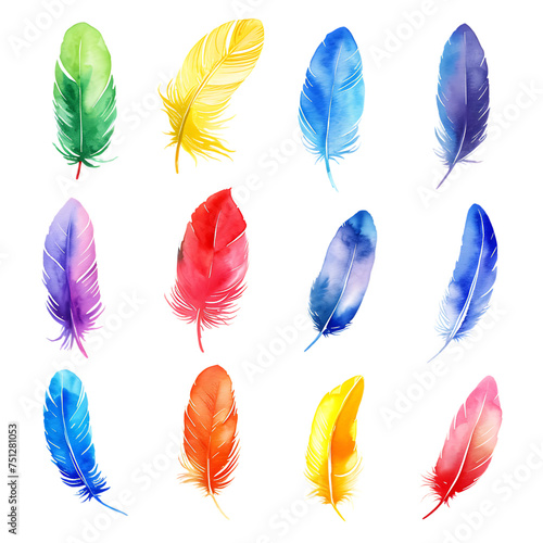 colourful rainbow watercolour feathers set isolated on transparent background