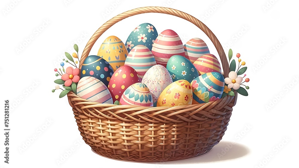 Easter Eggs in Basket on white background
