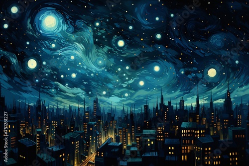 a city at night with stars and clouds
