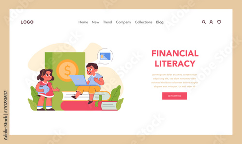 Financial literacy web or landing. Boy on laptop discusses banking,