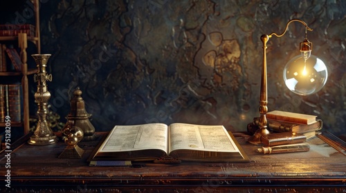 Ancient retro scribes desk with a mysterious Bible translating Old Testament wisdom into the modern age