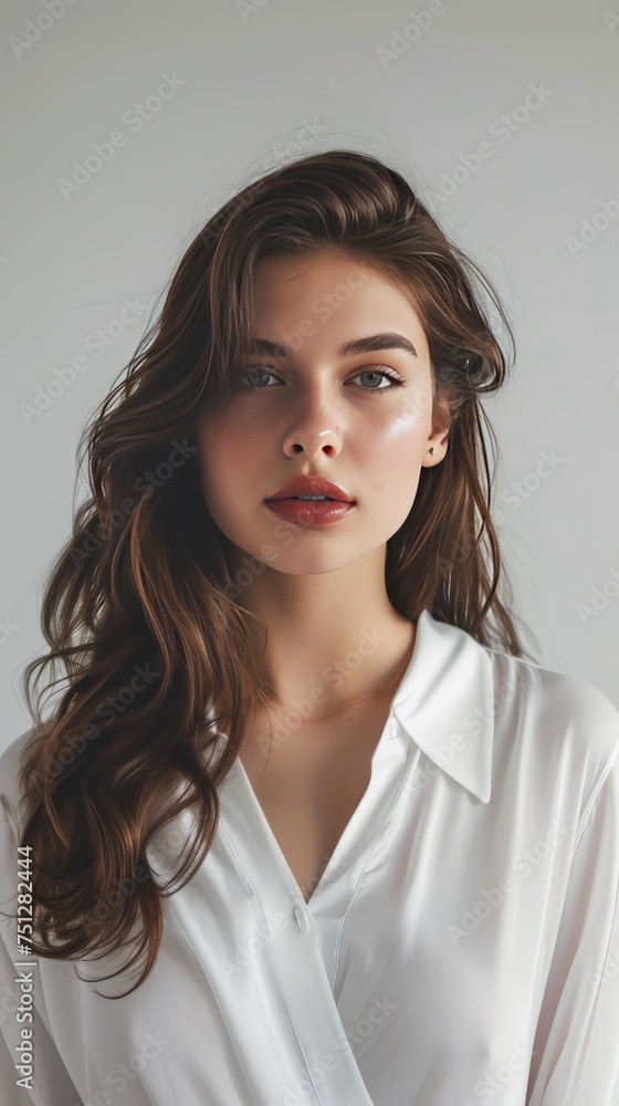 Portrait of a beautiful and attractive young woman facing the camera wearing a white shirt looking at the camera on grey color background. Generative ai Portrait of a beautiful and attractive young woman facing the camera wearing a white shirt looking at the camera on grey color background. Generative ai