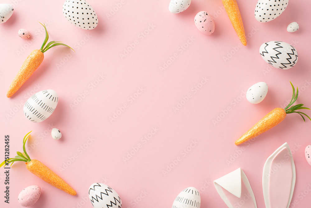 Easter creativity scene: Top view snapshot of colored eggs, lovely hare ears, and carrot treats for the Easter Bunny on a light pink canvas, with an open circle for your advertisement