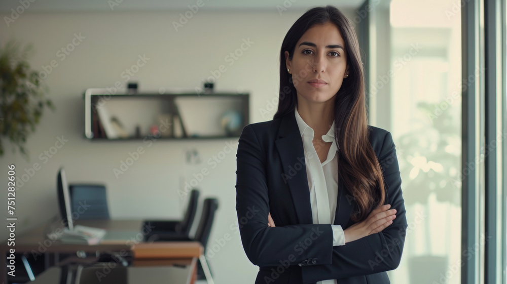 Businesswoman with a contemplative expression standing in a sleek office. Businesswoman with a contemplative expression standing in a sleek office.