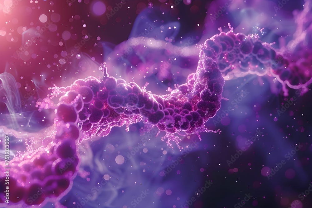 Set against a backdrop of vibrant purple, a DNA strand shimmering with particles evokes ideas central to genetics, molecular biology, and scientific innovation. Set against a backdrop of vibrant purple, a DNA strand shimmering with particles evokes ideas central to genetics, molecular biology, and scientific innovation.