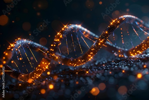 A glowing orange DNA helix structure emerges from a mystical blue bokeh background, reflecting the magic of genetic science and research.