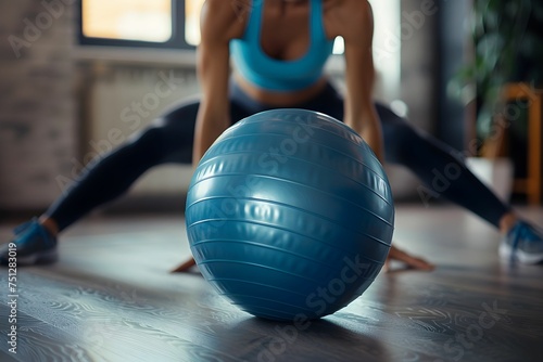 Young woman performing plank on a fitness ball at the gym, highlighting strength, balance, and core workout.