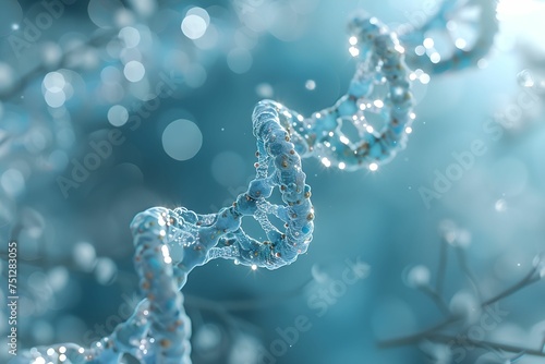 Illuminated by a soft bokeh background, a digitally produced sparkling DNA helix embodies the endless possibilities of biotechnology and genetic innovation.