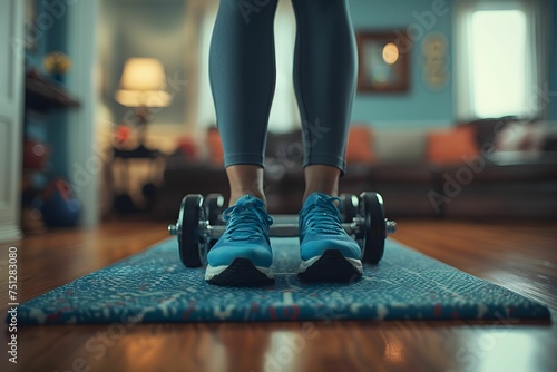 Close-up of woman's feet standing next to dumbbells on an exercise mat, ready for a home workout session.