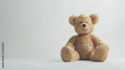 A lone teddy bear against a clean white backdrop.