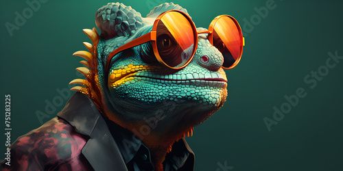 Stylish chameleon with sunglasses Minimalist colorful background Cycling animals sport bicycling creatures creative ideas of fantastic tale.AI Generative