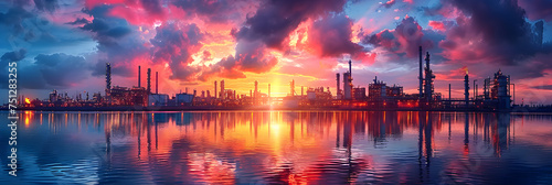 Oil and gas industry refinery at Sunrise factory plant, Oil refinery industrial plant with nature and sky background