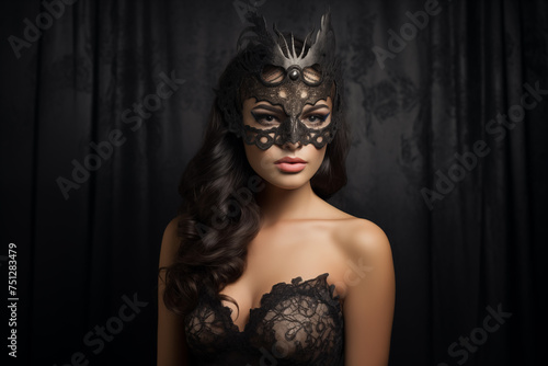 Portrait of an incognito woman adorned with a luxurious lace mask against a dark background