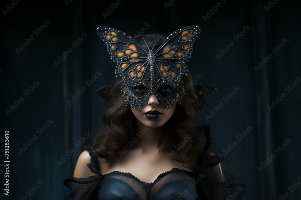 Portrait of a woman wearing an intricate butterfly mask with dark, moody lighting