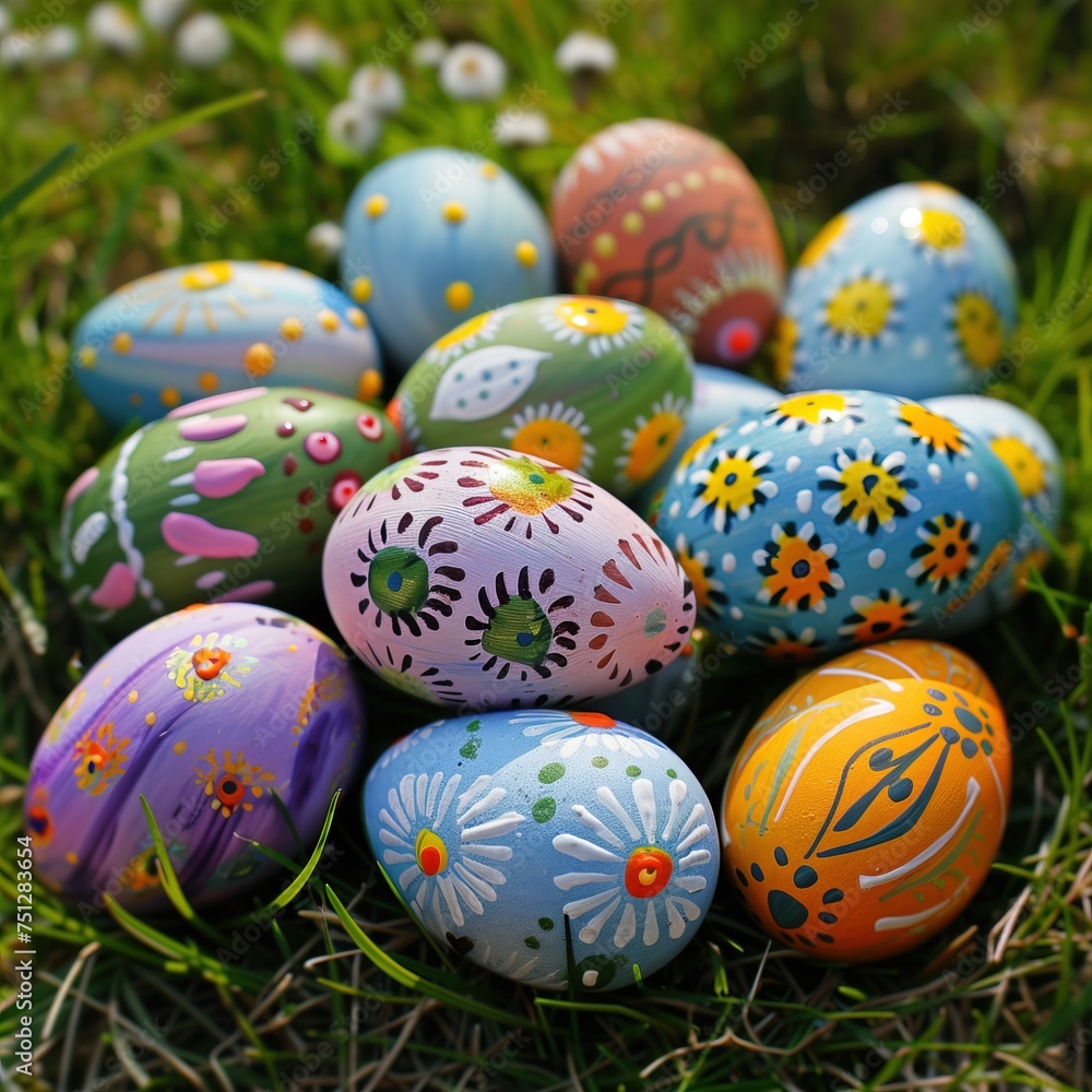 Hand-painted Easter eggs with floral patterns on a grassy background