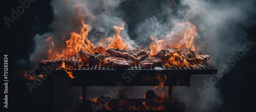 A grill is cooking steak with flames rising and smoke billowing, giving off a tempting aroma. The meat is being prepared in the style of Francis Mallmann, showcasing a rustic and flavorful cooking
