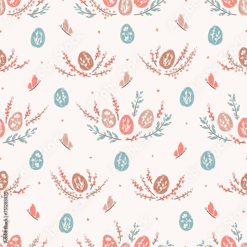 Seamless Pattern of Easter Eggs and Floral Elements. Spring Background with Cute Painted Eggs, Leaves and Flowers. Vector illustration.