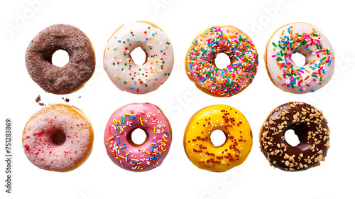 donuts with various flavors mixed with sprinkles on a transparent background
