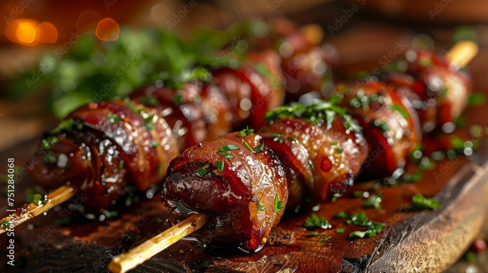 Dates wrapped in bacon, a delightful combination of sweetness and savory flavors Dates wrapped in bacon, a delightful combination of sweetness and savory flavors