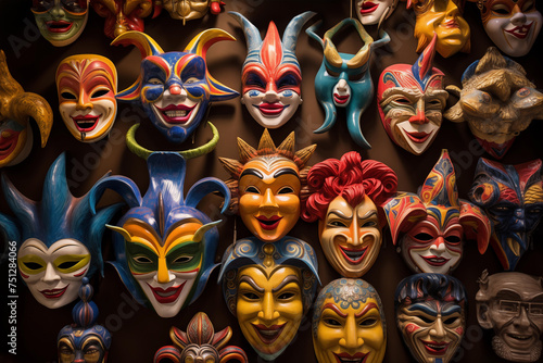 An array of traditional venetian masks, showcasing vibrant colors and designs